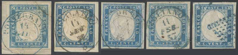 Sardegna, IV emissione - Insieme di cinque annullamenti non comuni su 20 centesimi del 1855