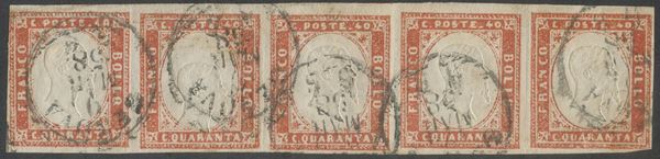 Sardinia - IV issue, 40 cents light orange vermilion in strip of 5