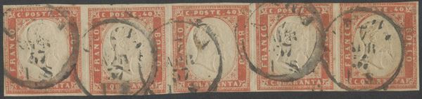 Sardegna - IVemissione, 40 cent. vermiglio tenue in striscia di 5