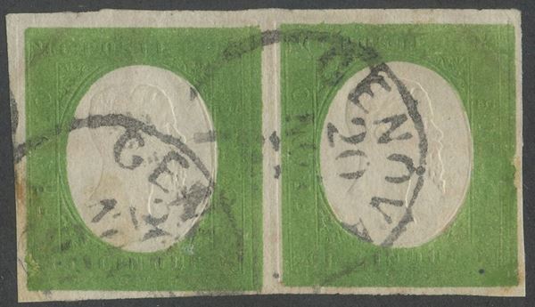 Sardegna - III emissione, 5 cent. verde giallo in coppia