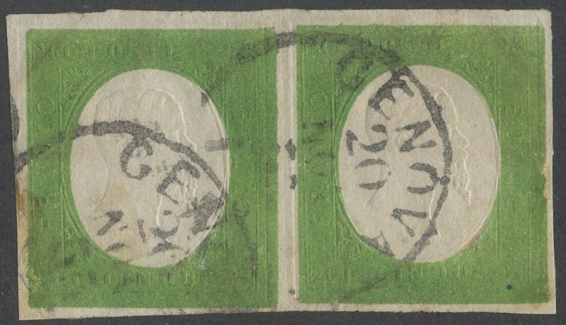 Emissione del 1855, Sardegna - 5 centesimi verde giallo in coppia