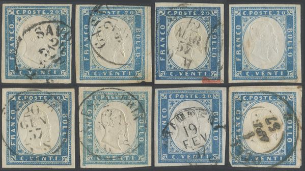 Sardegna - IV emissione, insieme di 20 cent. tirature del 1855