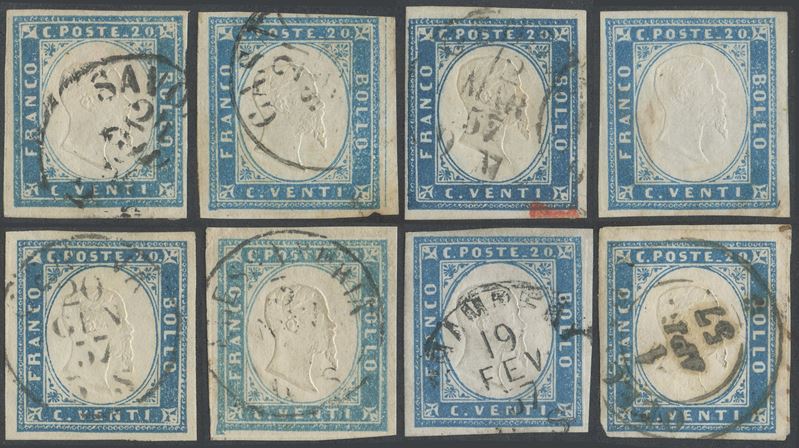 Emissione IV della Sardegna, insieme di 8 esemplari da 20 centesimi del 1855
