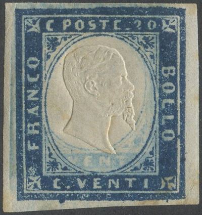Sardegna - IV Emissione, 20 Cent. Azzurro Scuro N.15b con Stampa Parassita