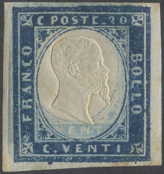 Sardegna - IV Emissione, 20 Cent. Azzurro Scuro N.15b con Stampa Parassita