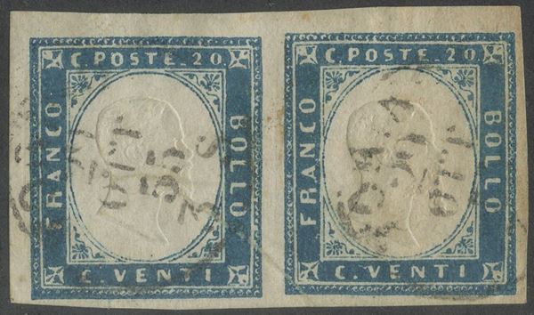 Sardegna - IV emissione, 20 cent. coppia angolo di foglio usata ad Ottobre 1855