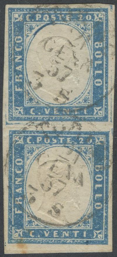Sardegna, IV emissione - 20 cent. celeste in coppia verticale, 1857