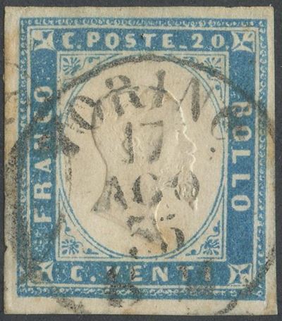 Sardegna, IV emissione, 20 centesimi cobalto, usato il 17 agosto 1855