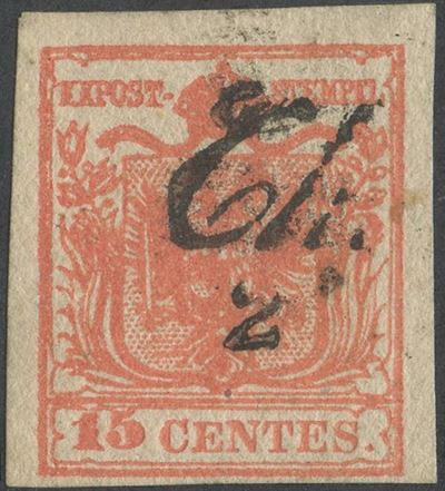 Lombardo Veneto - 15 Cent. Carta Batonè (pseudovergata)