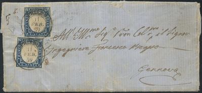 PRIERO, Lettera affrancata per Genova con annullamenti IV Emissione, 1859