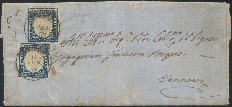 PRIERO, Lettera affrancata per Genova con annullamenti IV Emissione, 1859