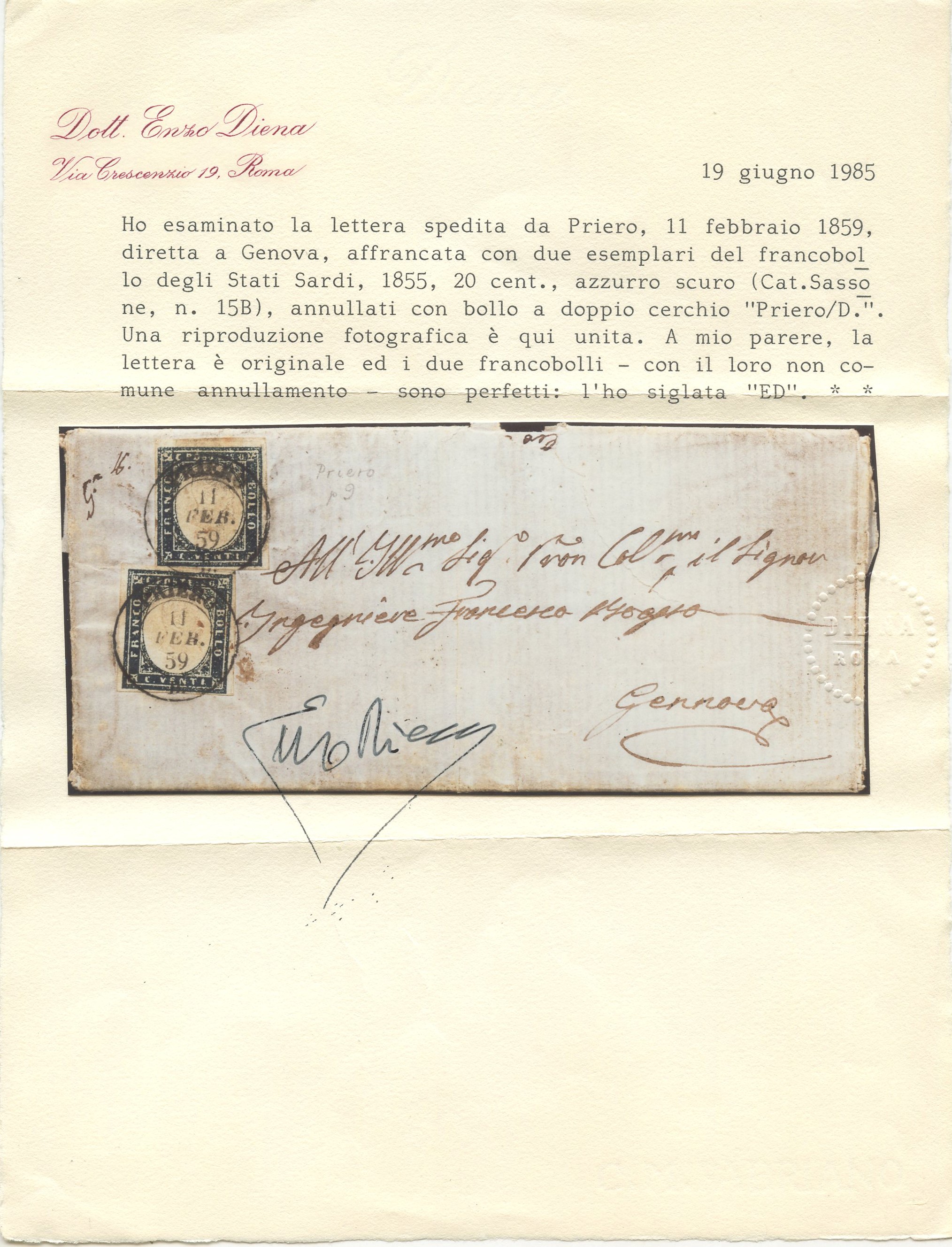 PRIERO, Lettera affrancata per Genova con annullamenti IV Emissione, 1859