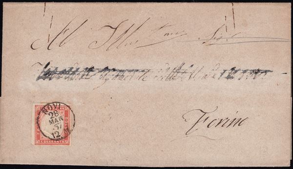 Sardegna - IV emissione, 40 cent. vermiglio su lettera doppio porto da Novi per Torino