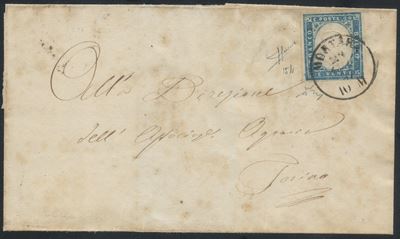 Sardegna, 20 cent. cobalto su busta postale da Mortara per Torino, IV emissione