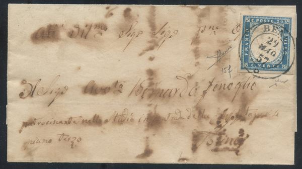 Sardegna - IV emissione, 20 cent. cobalto su lettera da BENE per Torino