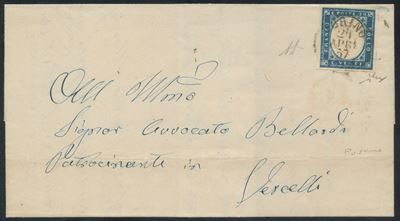 Lettera affrancata con 20 cent. cobalto scuro su lettera, Sardegna - IV emissione