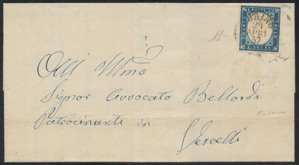 Sardegna - IV emissione, 20 cent. cobalto scuro su lettera