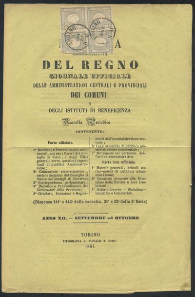 Sardegna, Francobolli per stampati, 2 centesimi in quartina su rivista (1861)