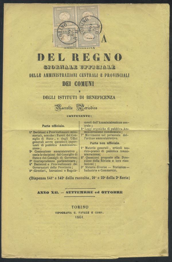 Sardegna - Francobolli per stampati, 2 cent. in quartina su rivista.