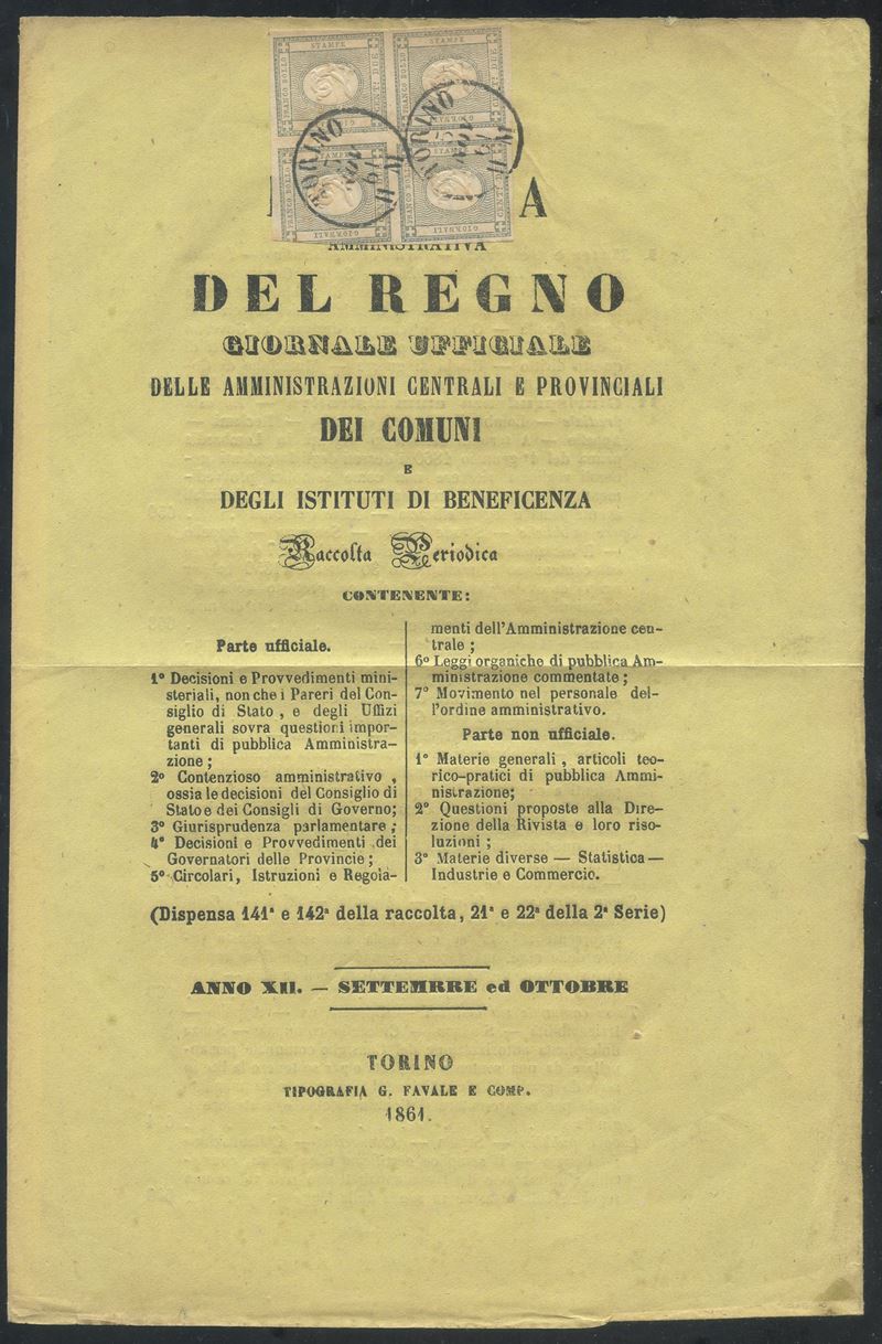 Sardegna, Francobolli per stampati, 2 centesimi in quartina su rivista (1861)