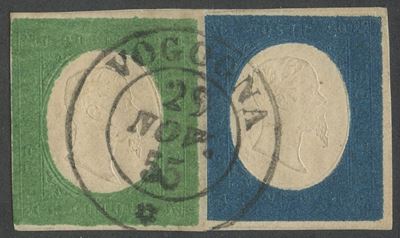 Sardegna, III emissione, 5 cent. verde n.7d e 20 cent. azzurro n.8, frammento annullato a Vogogna