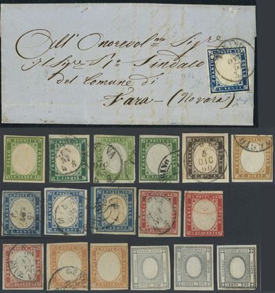 Antichi Stati Italiani, Sardegna IV emissione - 1856, insieme di 18 francobolli e lettera