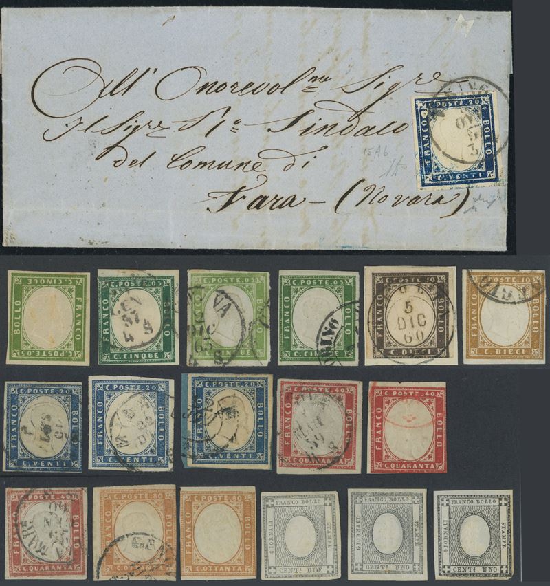 Antichi Stati Italiani, Sardegna IV emissione - 1856, insieme di 18 francobolli e lettera