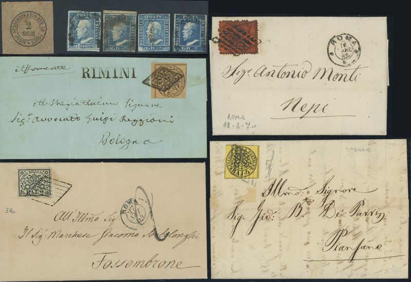 Lotto di francobolli degli Antichi Stati Italiani (Pontificio, Sicilia e Toscana), lettere sciolt...