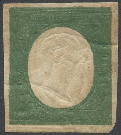 Sardegna, III emissione, 5 centesimi verde oliva scuro non emesso, 1854, gomma ''Crackle''