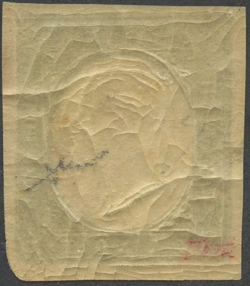 Sardegna, III emissione, 5 centesimi verde oliva scuro non emesso, 1854, gomma ''Crackle''