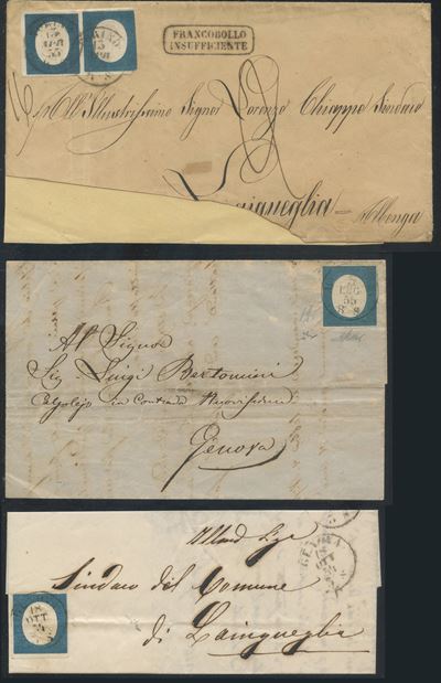Sardegna, III emissione 1854, 20 centesimi azzurro su tre documenti postali