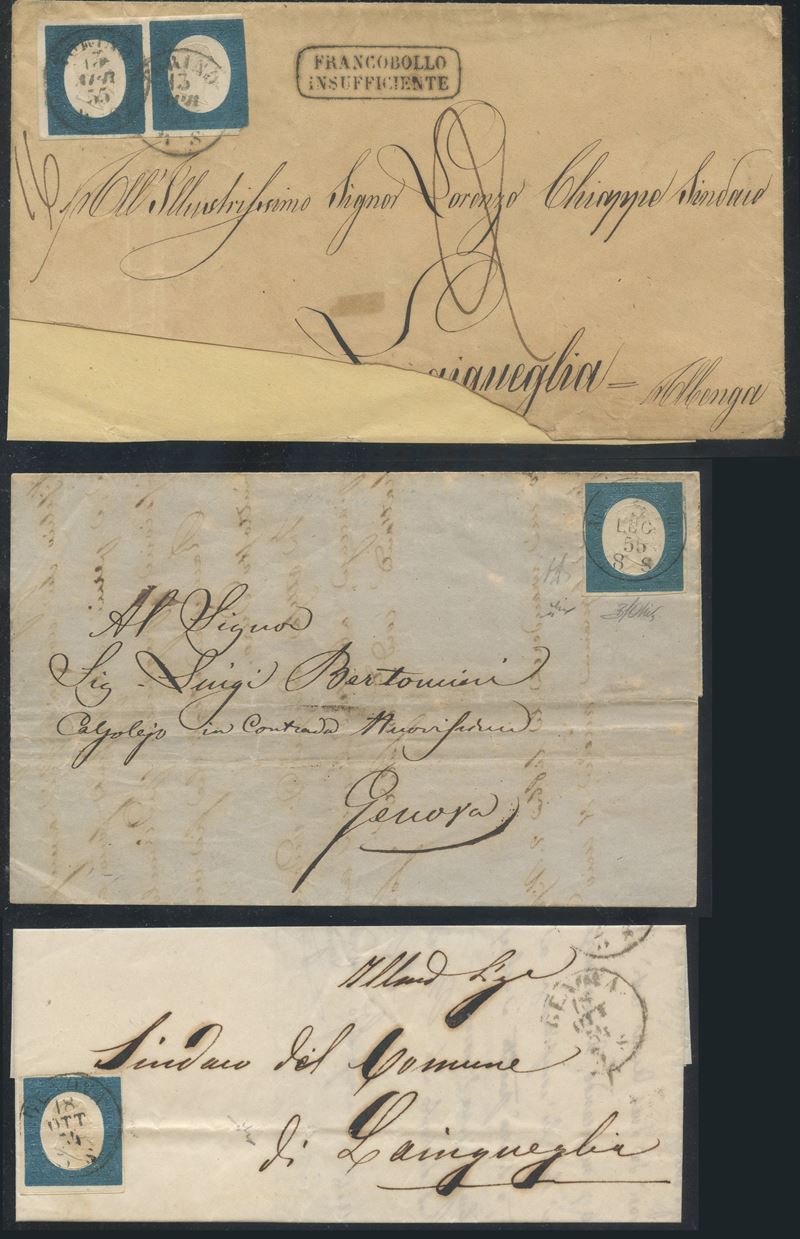 Sardegna, III emissione 1854, 20 centesimi azzurro su tre documenti postali