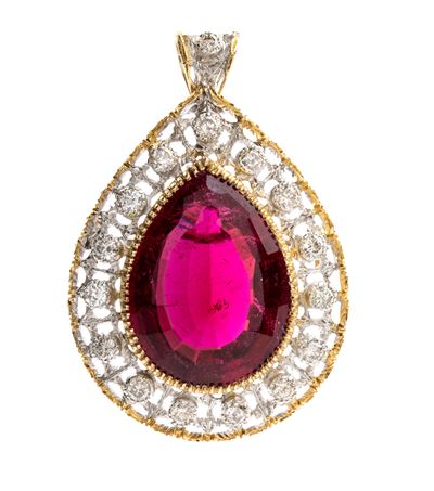 Oro giallo e oro bianco, Pendente con tormalina rubellite e diamanti