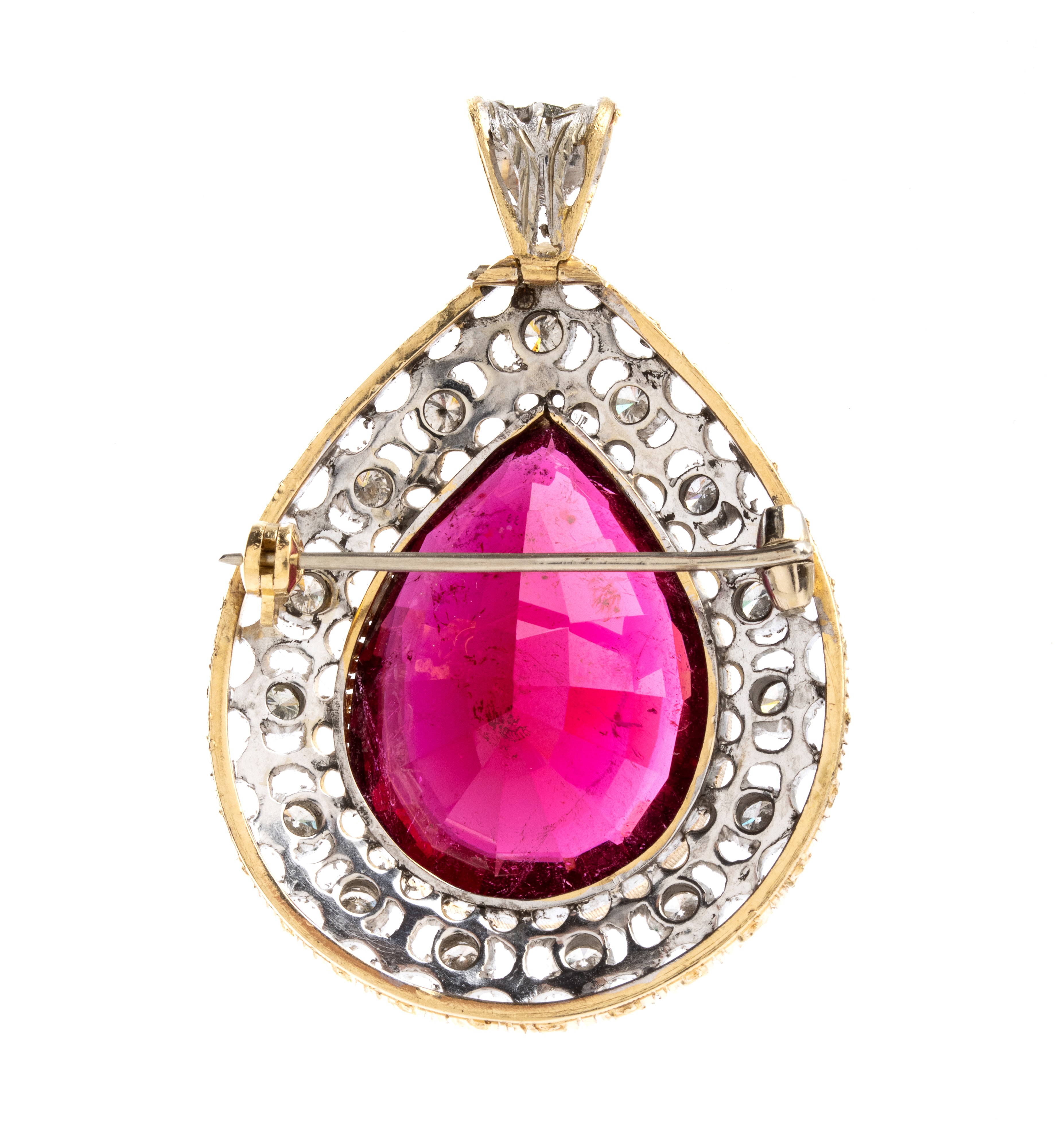 Oro giallo e oro bianco, Pendente con tormalina rubellite e diamanti