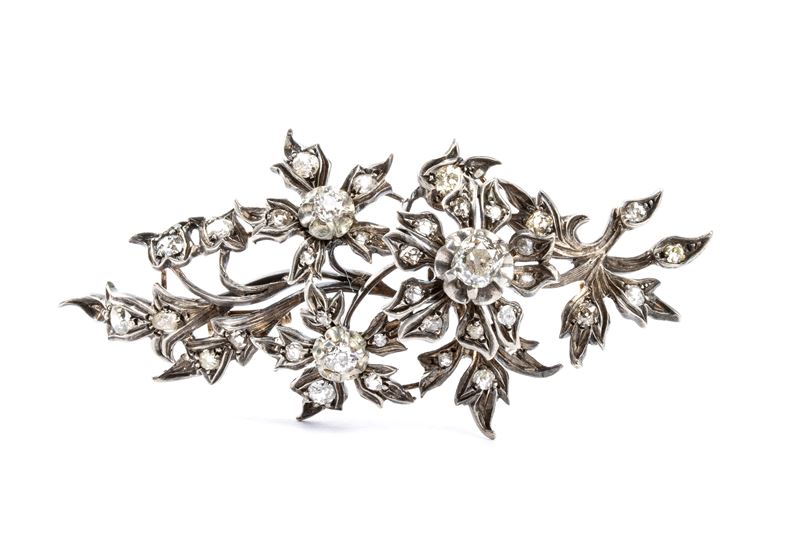 Spilla in argento e oro 14k con diamanti, fine XIX secolo