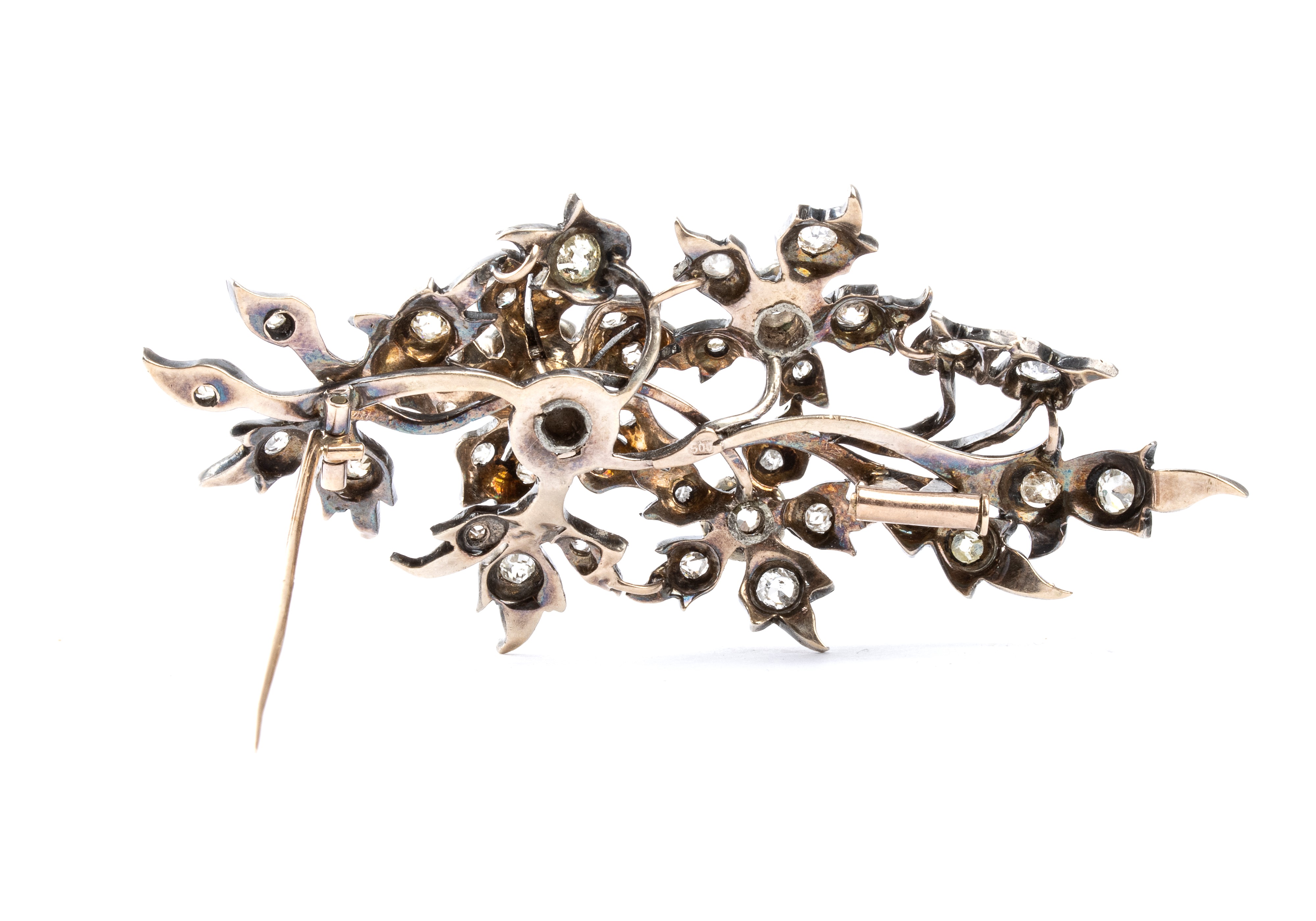 Spilla in argento e oro 14k con diamanti, fine XIX secolo