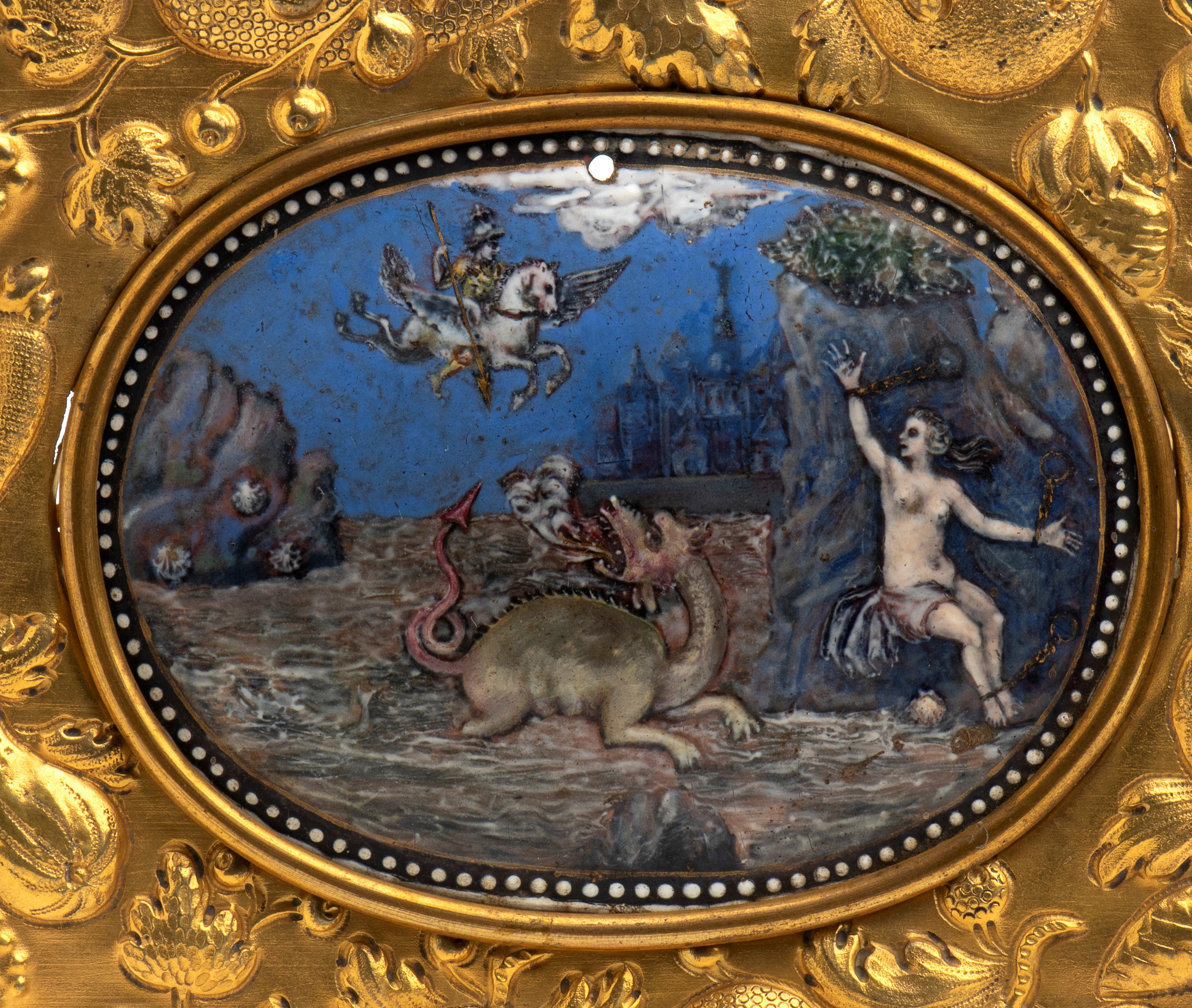 Perseo e Andromeda: placca in smalti policromi