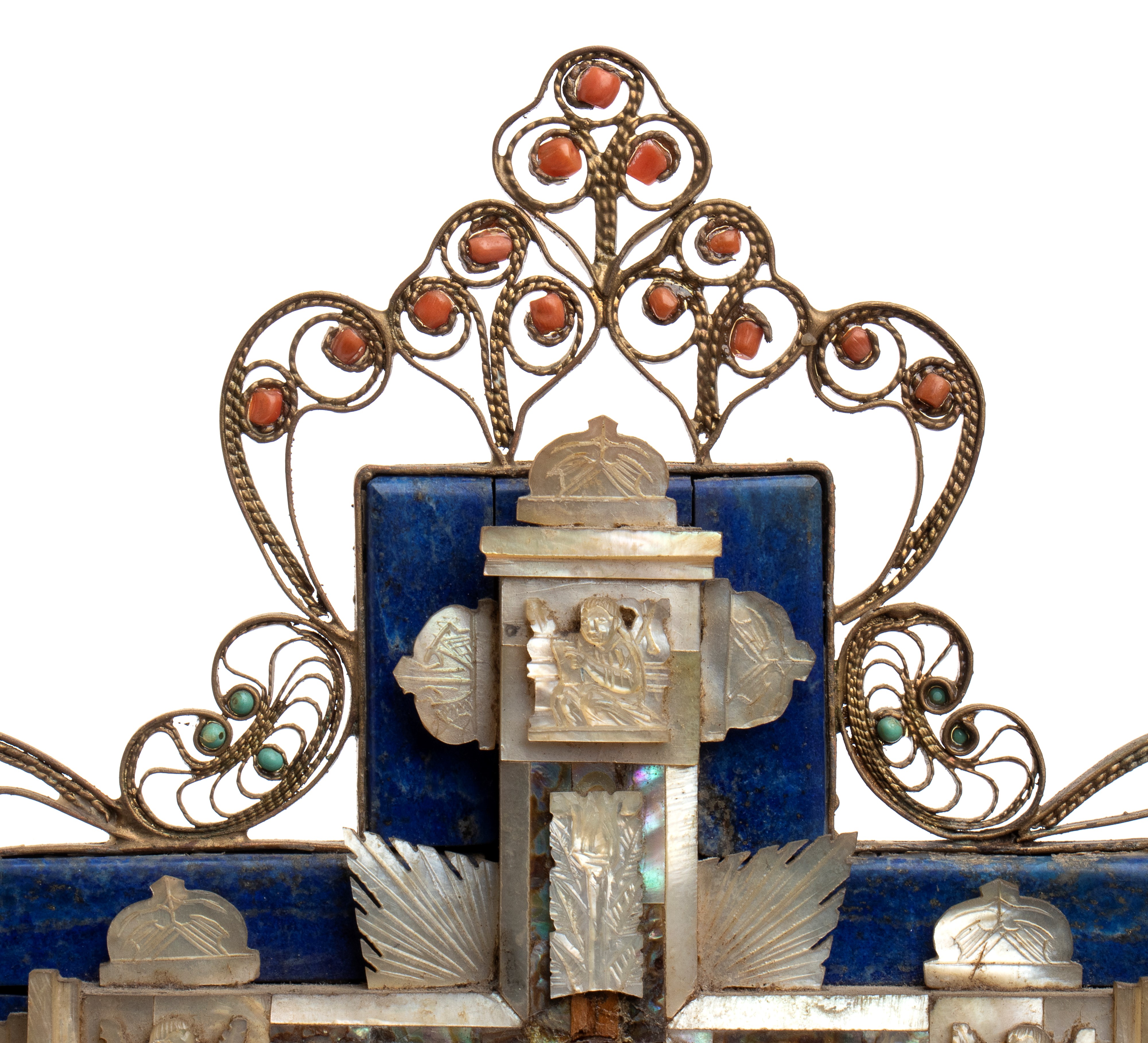 Croce reliquiario in madreperla, lapislazzuli e corallo