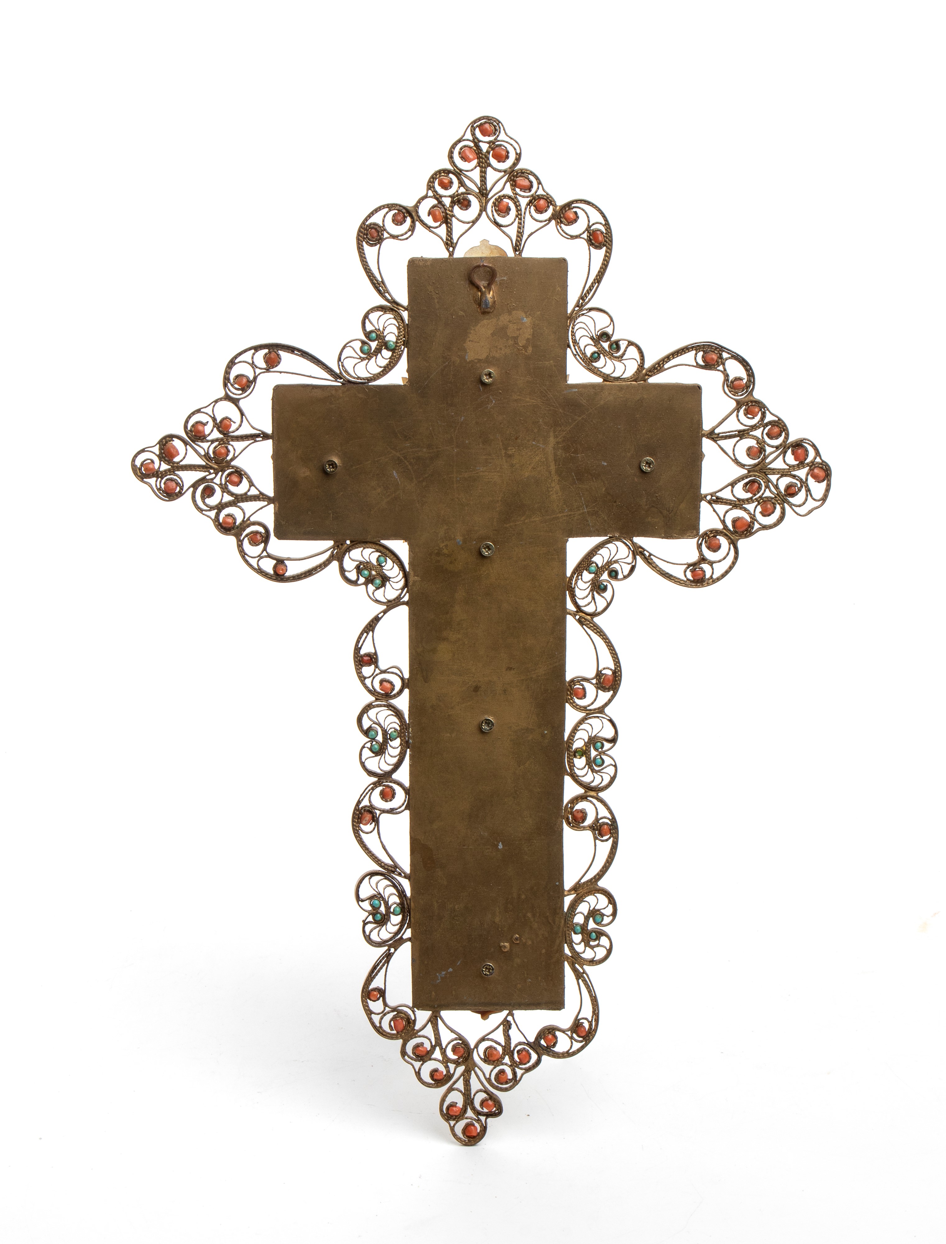 Croce reliquiario in madreperla, lapislazzuli e corallo