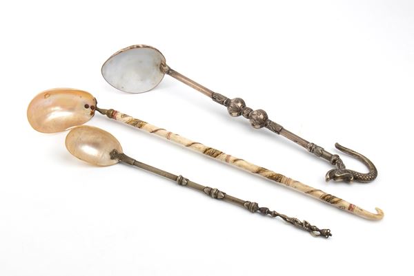 A group of 3 mother-of-pearl and shell ladles