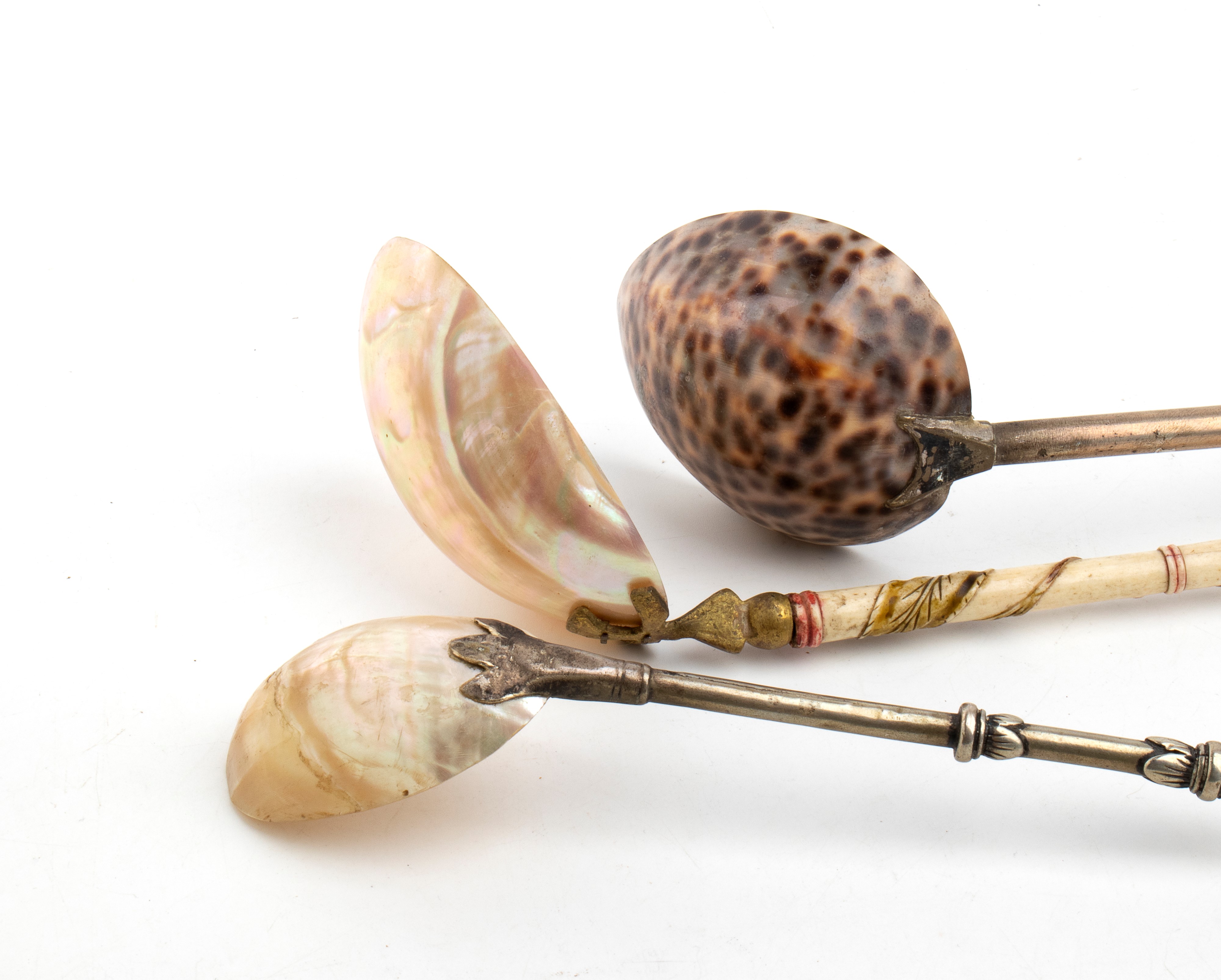 Gruppo di 3 mestoli in madreperla e conchiglia