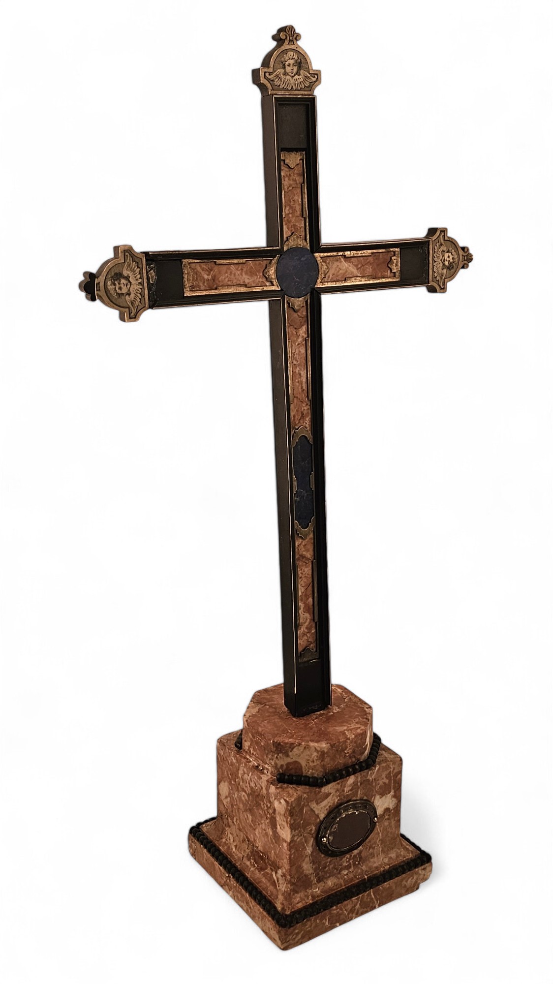 XIX secolo, Croce devozionale in legno ebanizzato con marmo, lapislazzuli e osso