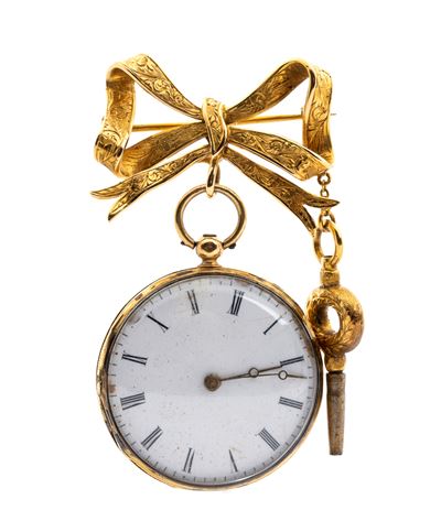 Orologio da polso con spilla, cassa in metallo e smalto, movimento manuale a chiavetta con scappa...