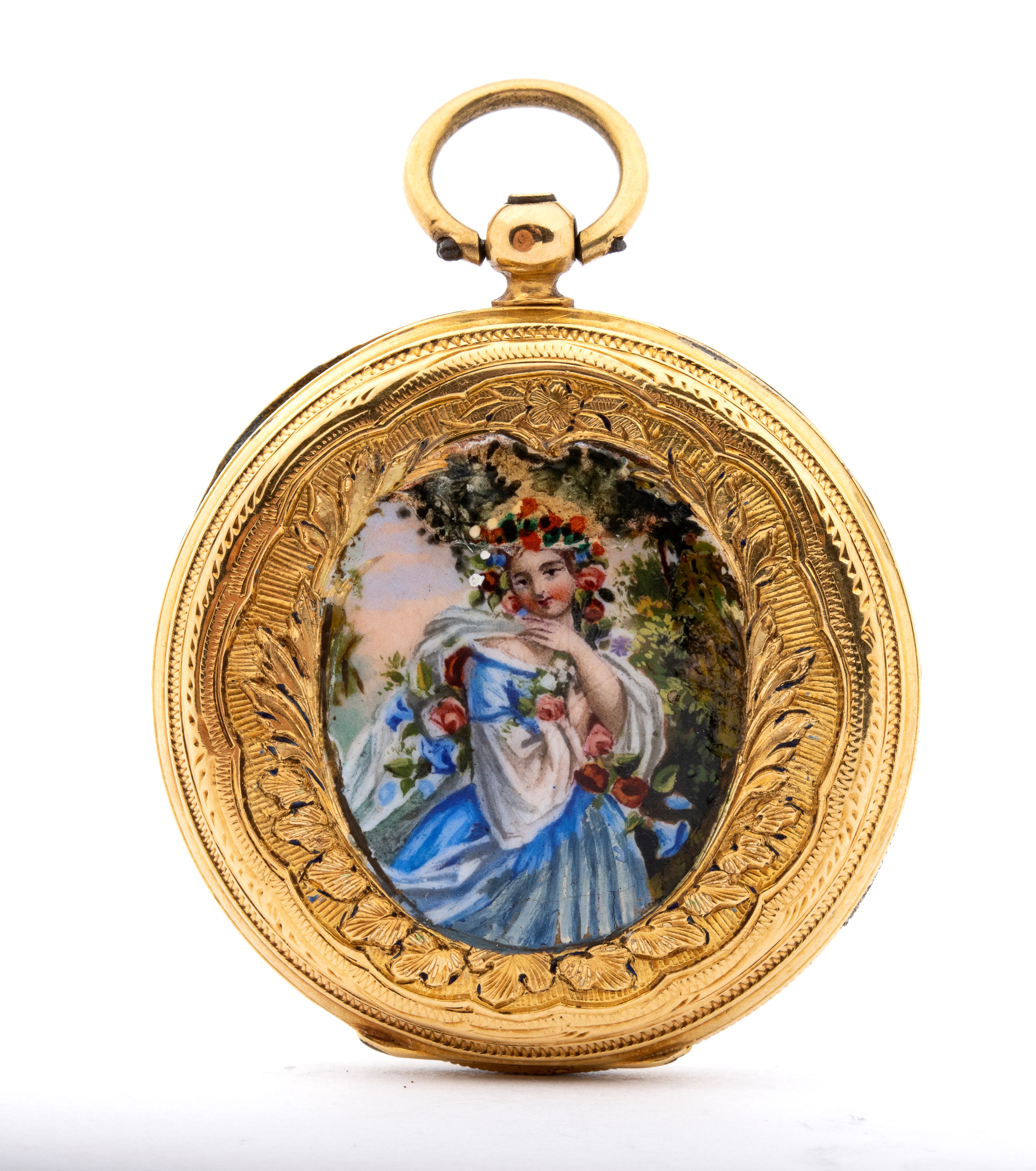 Orologio da polso con spilla, cassa in metallo e smalto, movimento manuale a chiavetta con scappa...