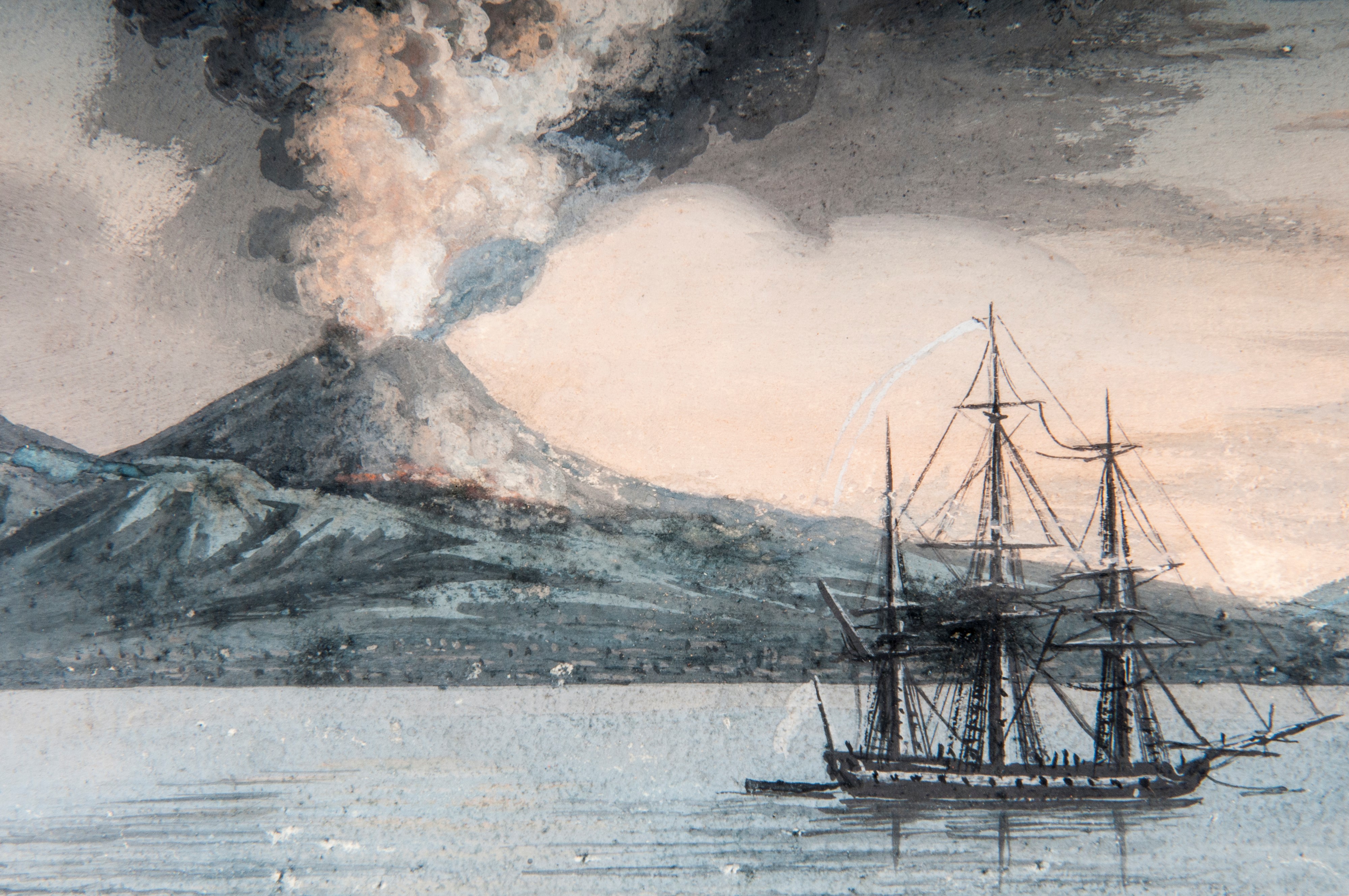 Veduta del Vesuvio in Eruzione con Barche