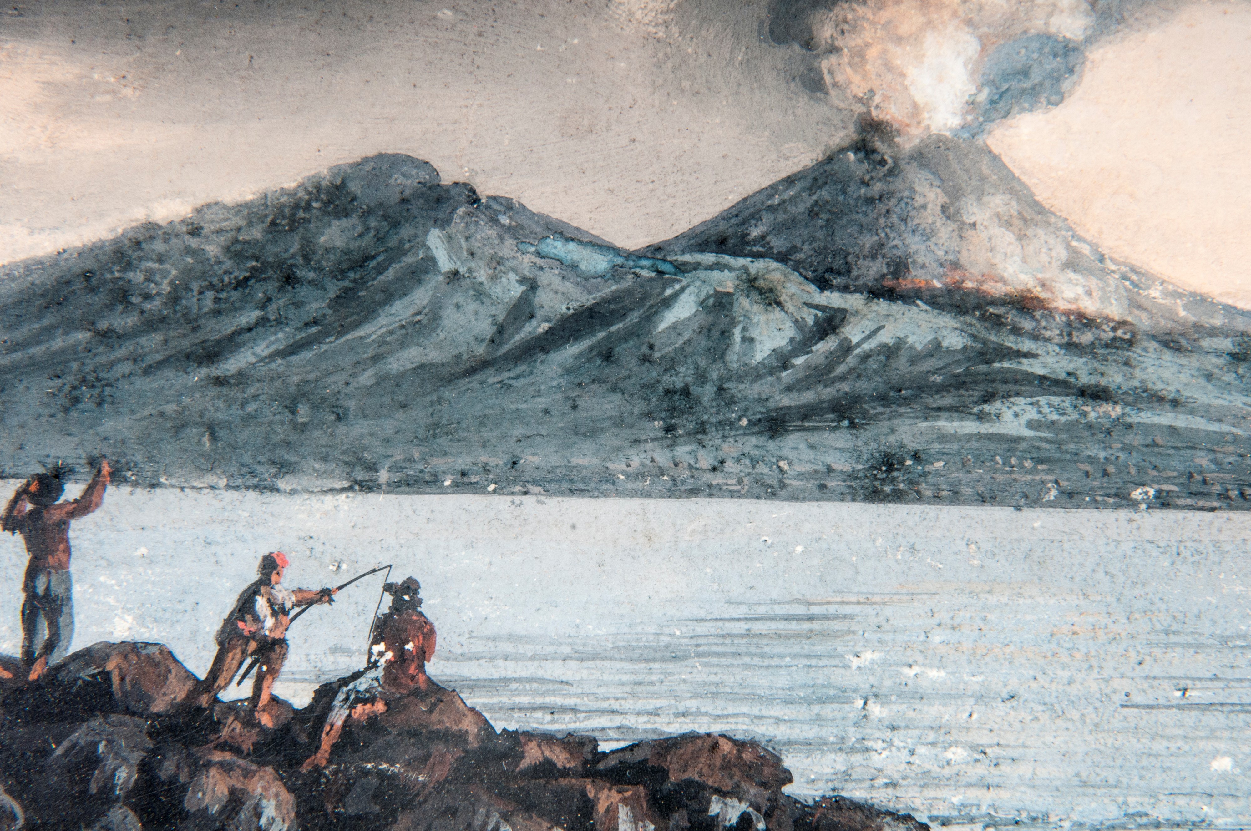 Veduta del Vesuvio in eruzione con barche