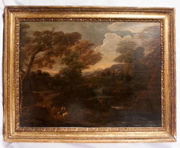 Glimpse of landscape with mountains, river and wayfarers