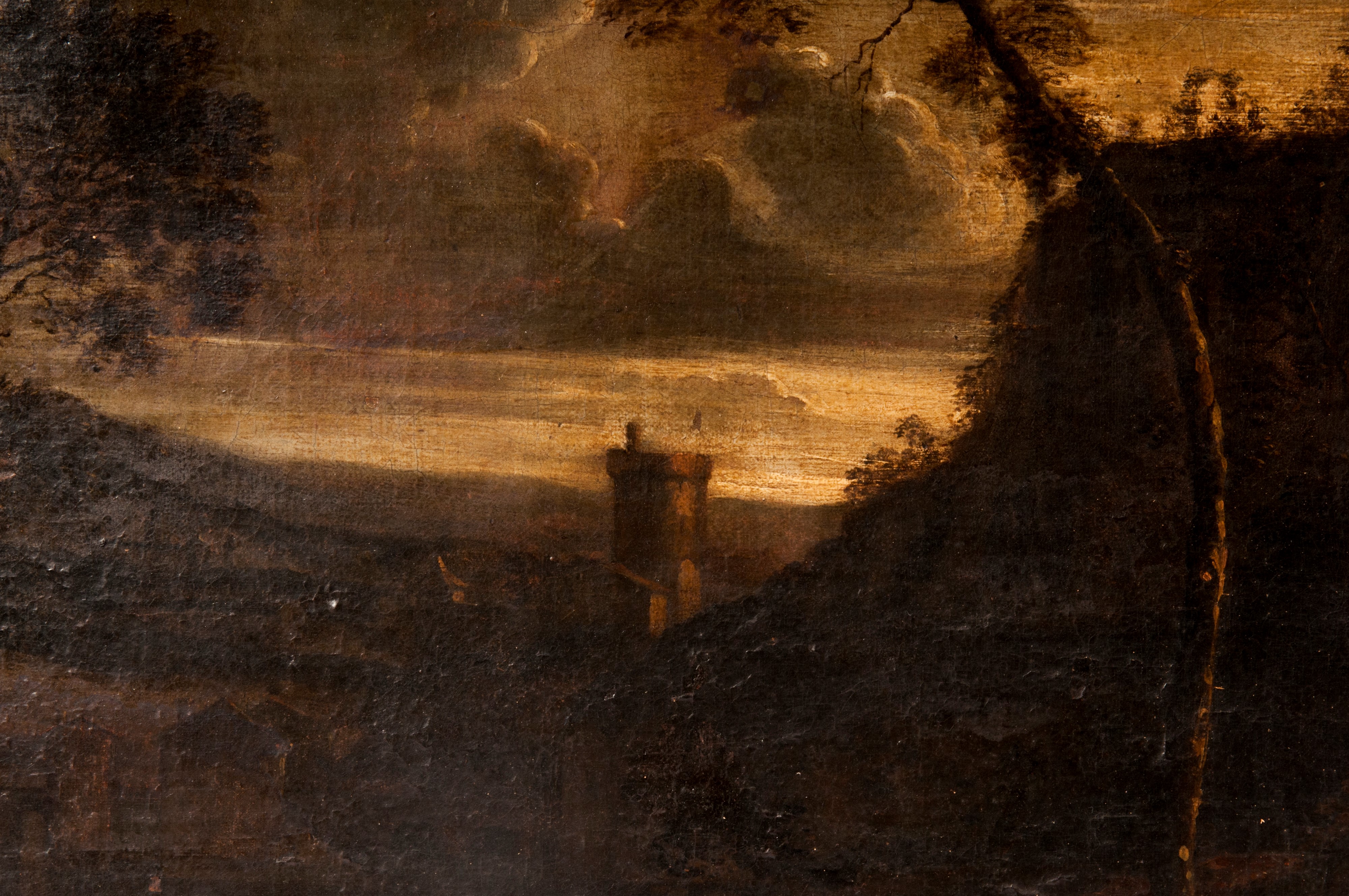 Paesaggio con torre e viandante