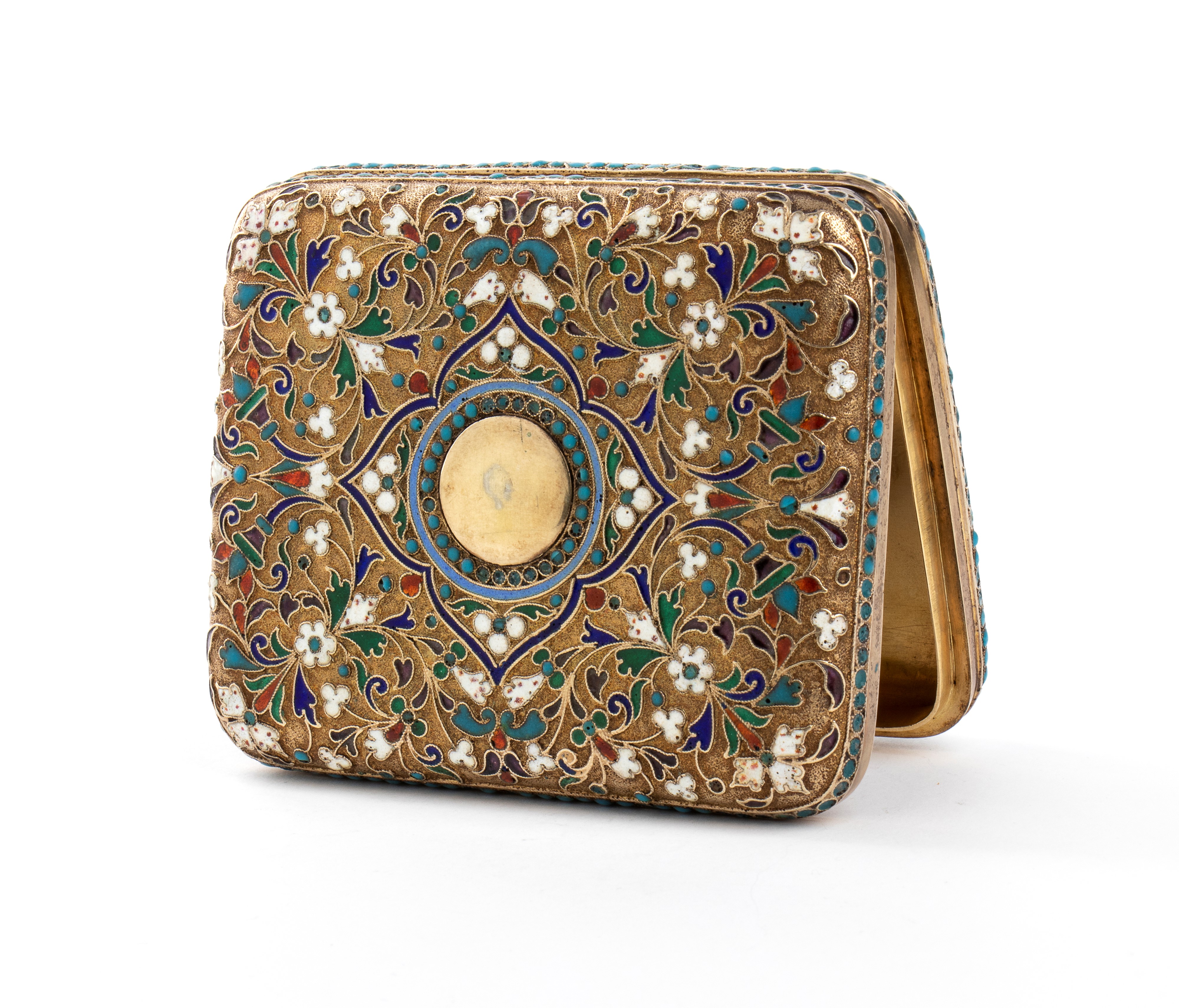 Mosca, 1889 — Tabacchiera russa rettangolare in argento dorato e smalti policromi cloisonné