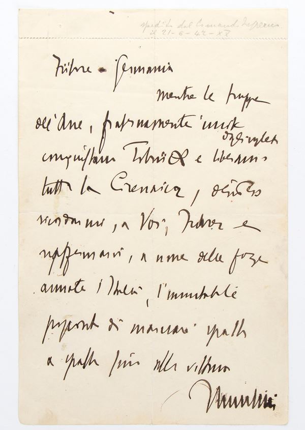 Lettera autografa di Mussolini per Hitler